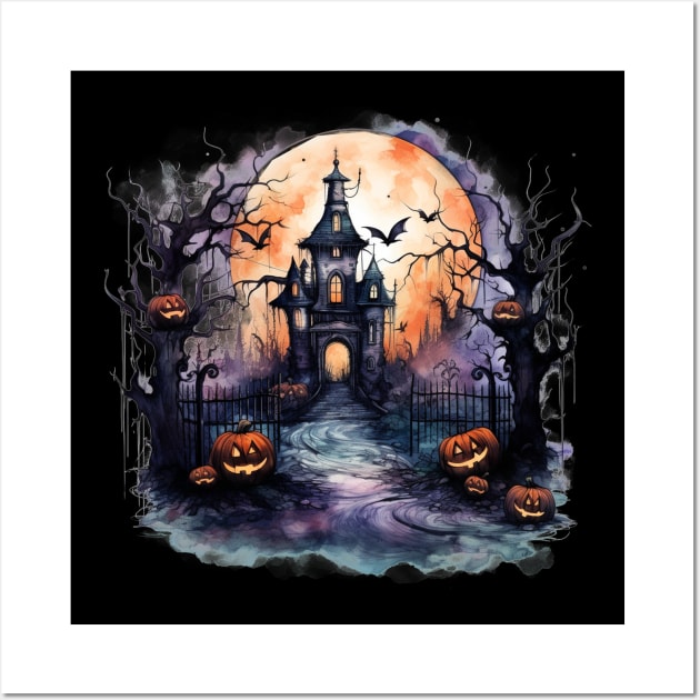 Scary Halloween Castle Watercolor Style Wall Art by AnnaMDesigne